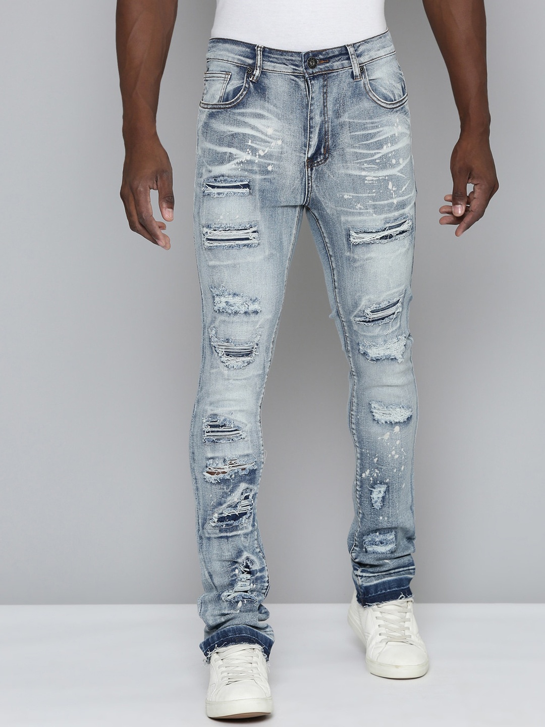 

WAIMEA Men Hollywood Heavy Fade Slim Fit Highly Distressed Stretchable Jeans, Blue