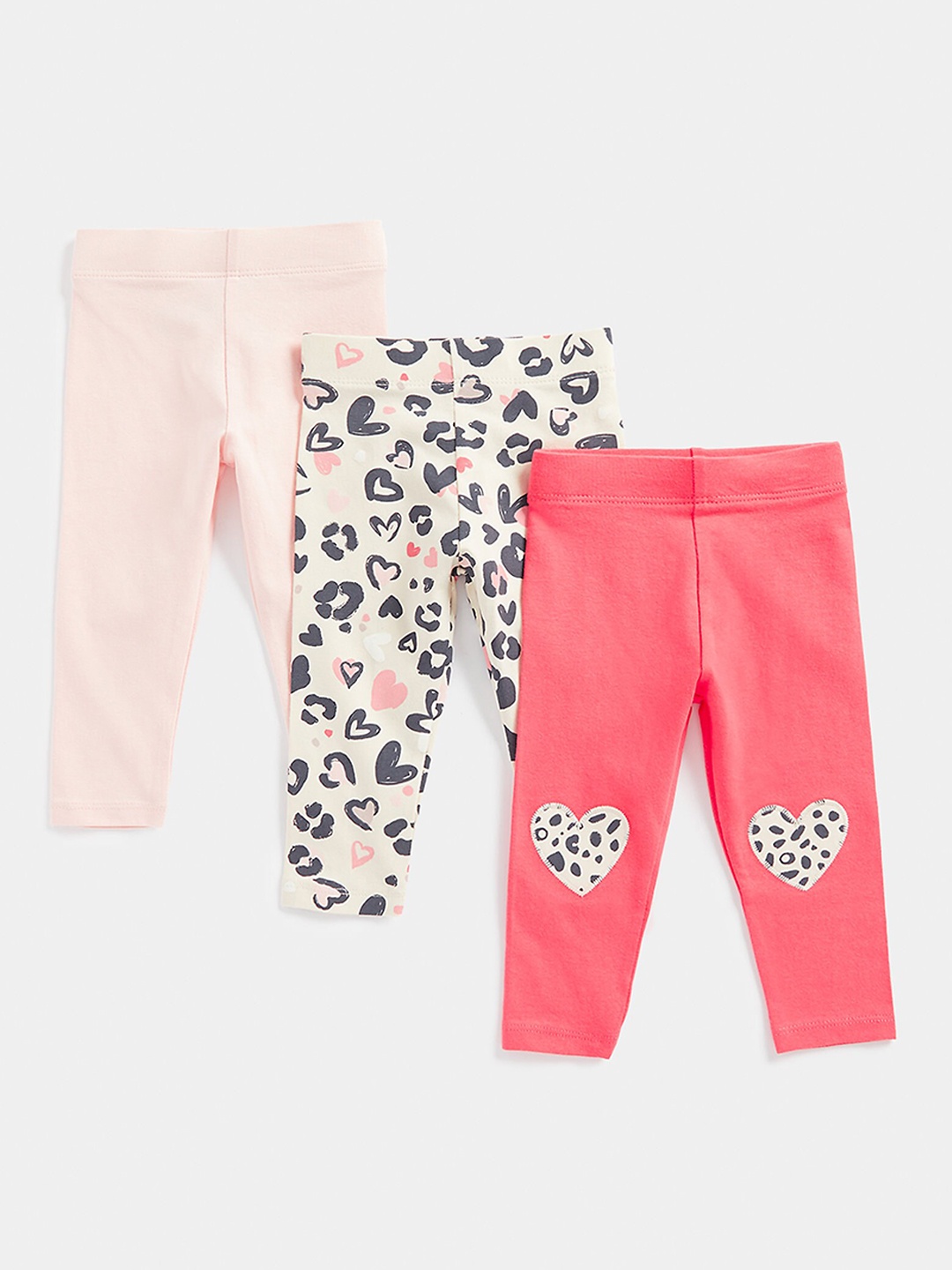 mothercare Infant Girls Pack Of 3 Printed Pure Cotton Leggings, Pink