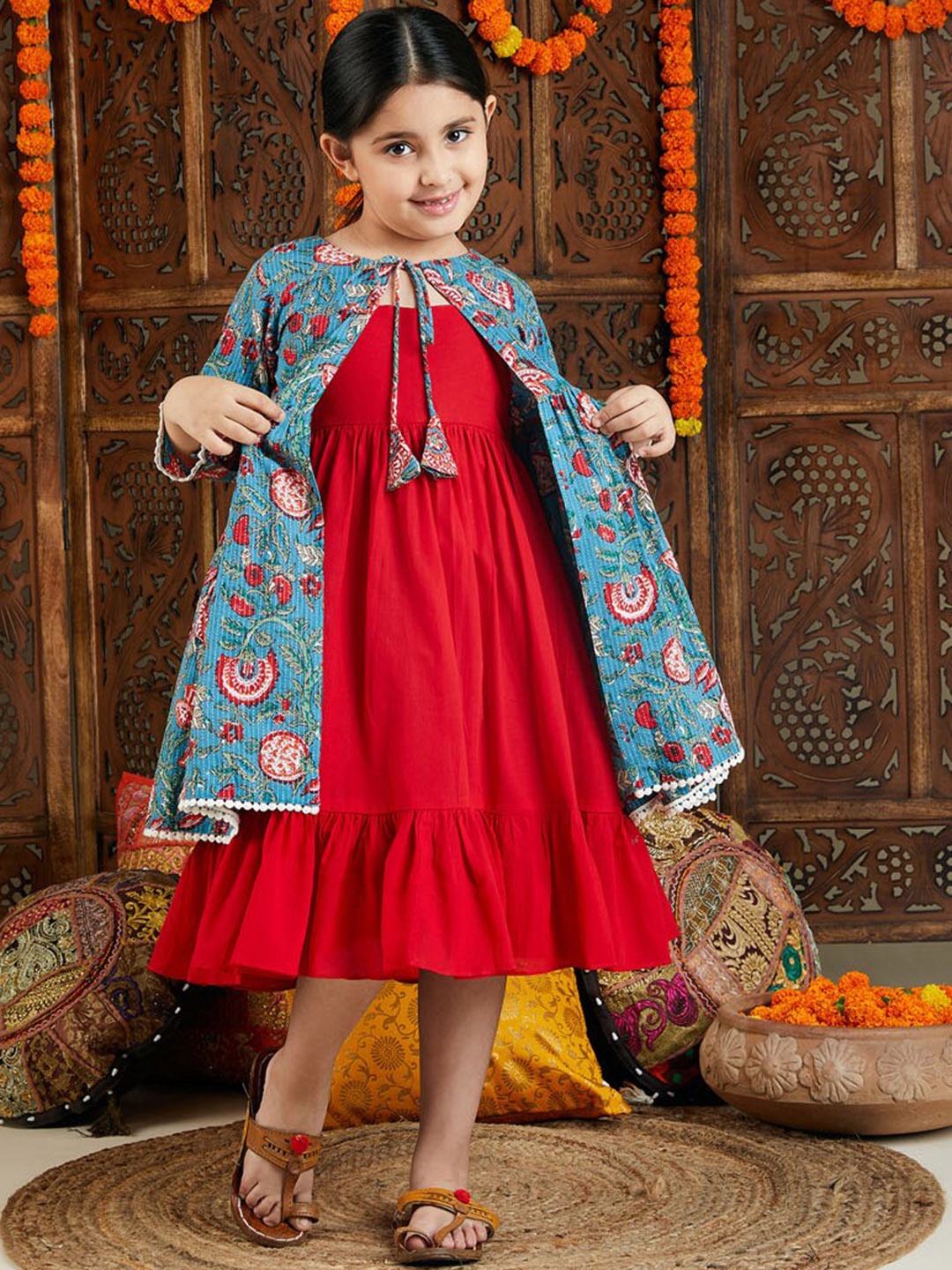 

VASTRAMAY Girls Shoulder Straps Cotton Fit & Flare Dress With Floral Printed Shrug, Red