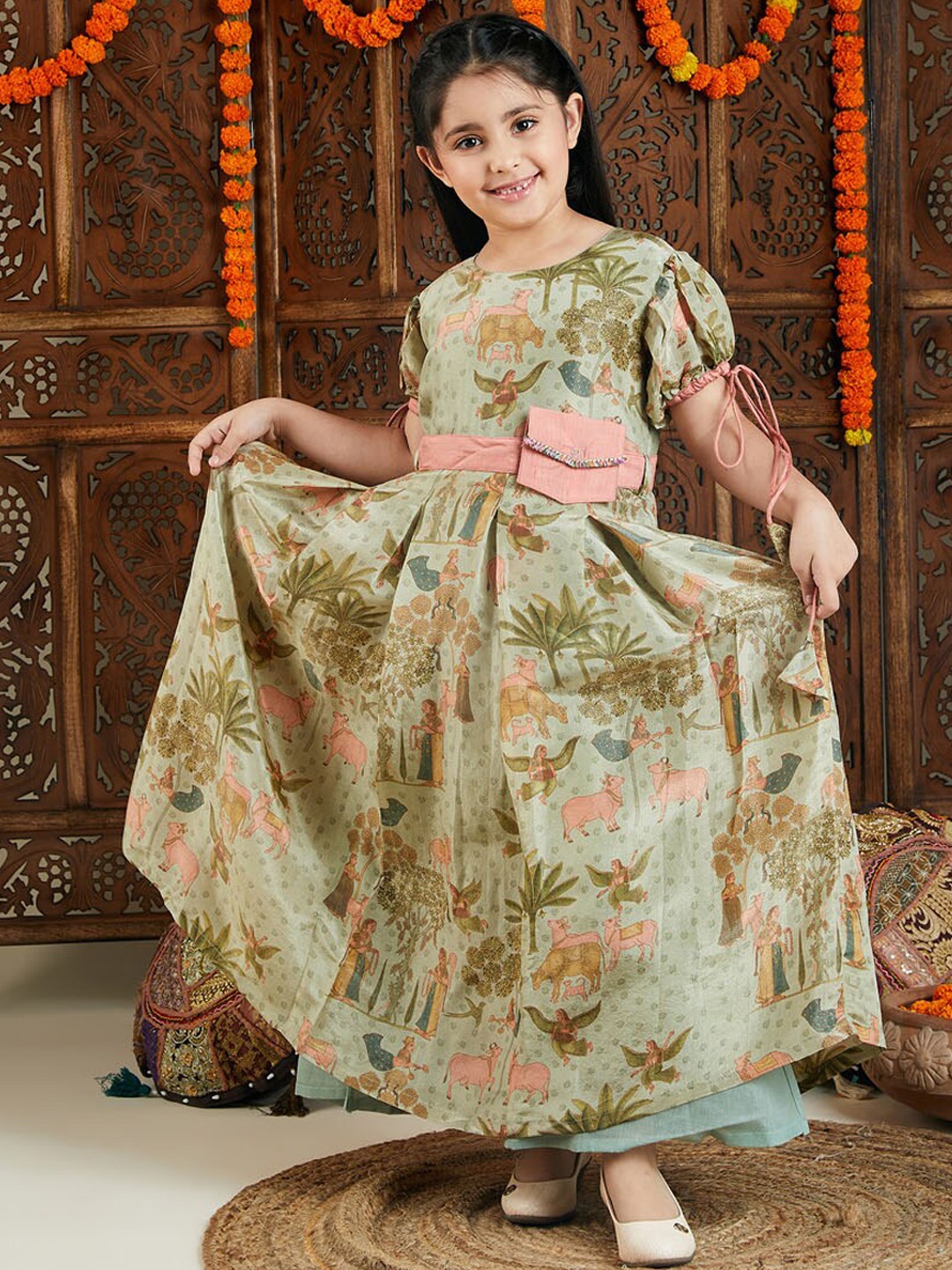 

VASTRAMAY Girls Ethnic Motifs Printed Cotton Anarkali Ethnic Dress, Green