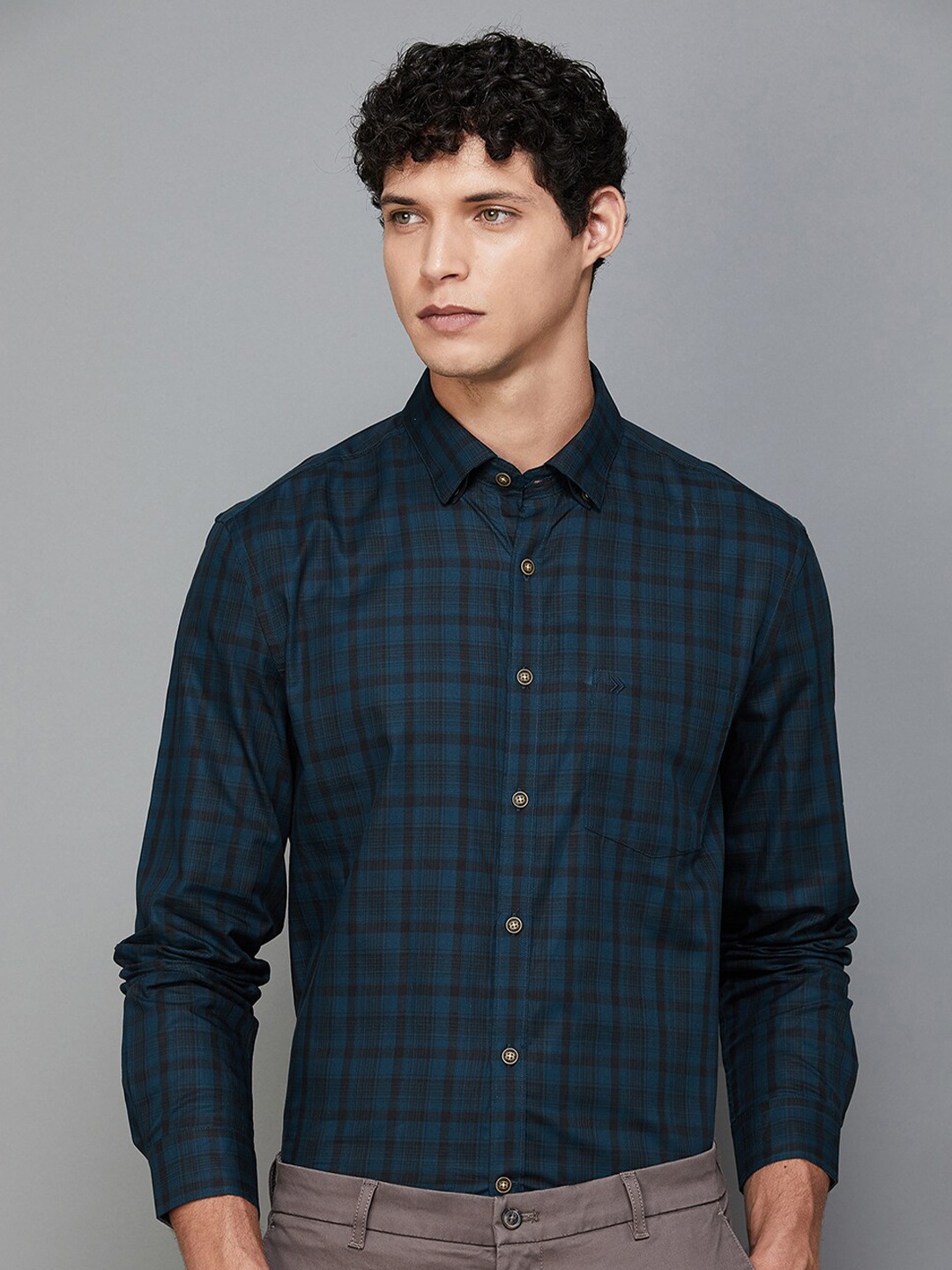 

CODE by Lifestyle Tartan Checked Slim Fit Cotton Casual Shirt, Blue