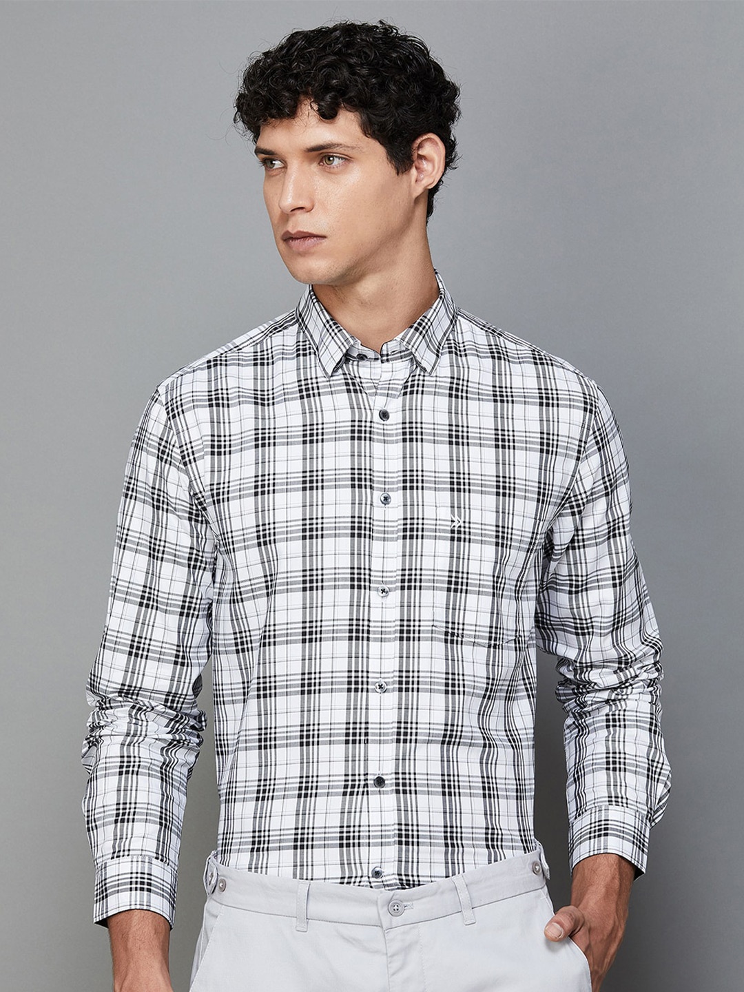 

CODE by Lifestyle Spread Collar Slim Fit Tartan Checked Casual Cotton Shirt, White