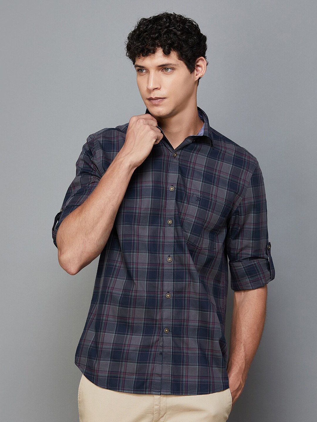 

CODE by Lifestyle Spread Collar Slim Fit Checked Casual Cotton Shirt, Grey