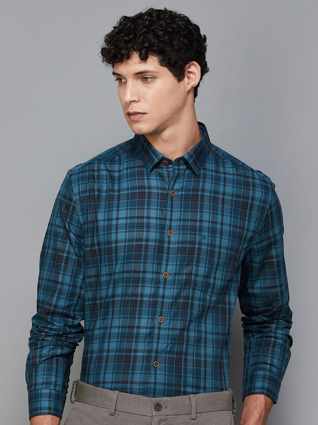 

CODE by Lifestyle Spread Collar Slim Fit Tartan Checked Casual Cotton Shirt, Teal