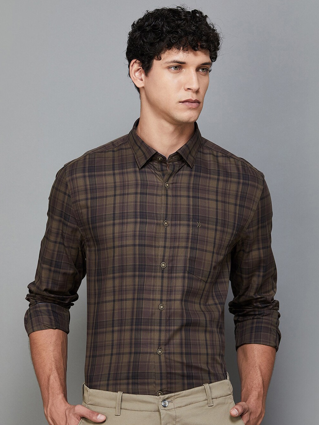 

CODE by Lifestyle Slim Fit Tartan Checks Opaque Checked Cotton Casual Shirt, Brown