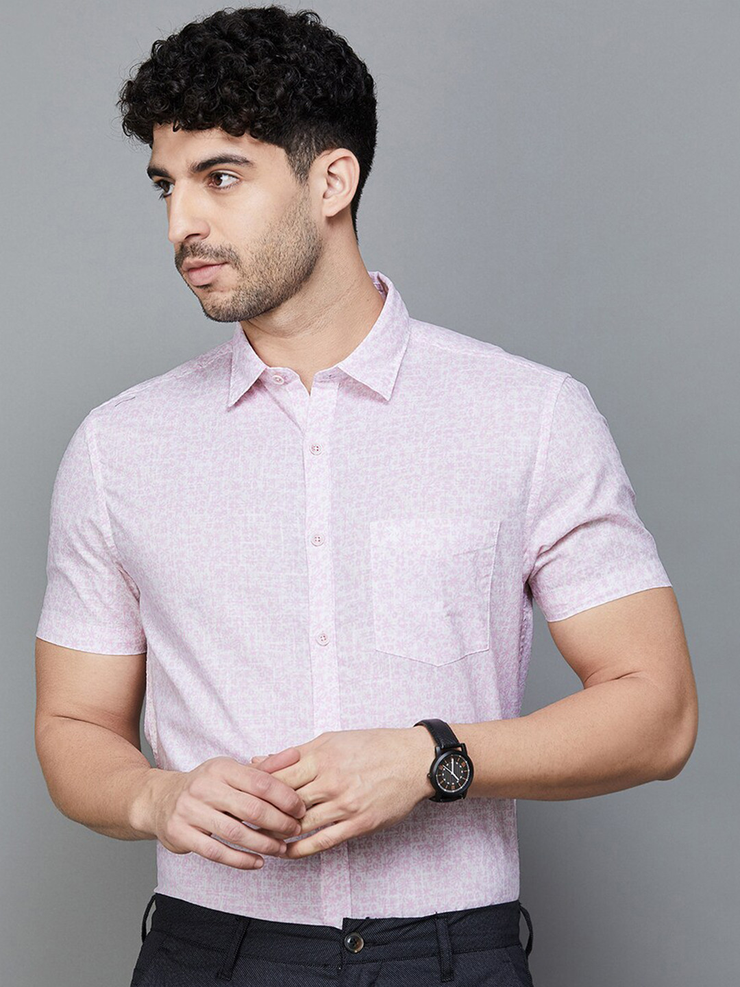 

CODE by Lifestyle Slim Fit Opaque Printed Cotton Casual Shirt, Pink
