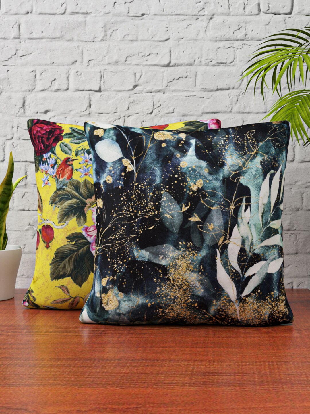 

HERE&NOW Black & Yellow 2 Pieces Floral Square Cushion Covers