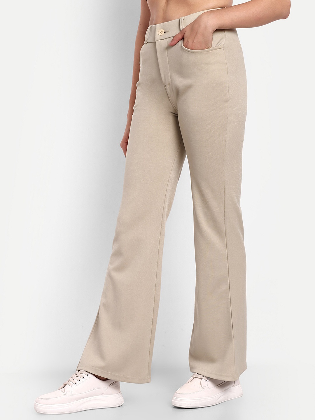 

BROADSTAR Women Smart Flared High-Rise Easy Wash Bootcut Trousers, Cream