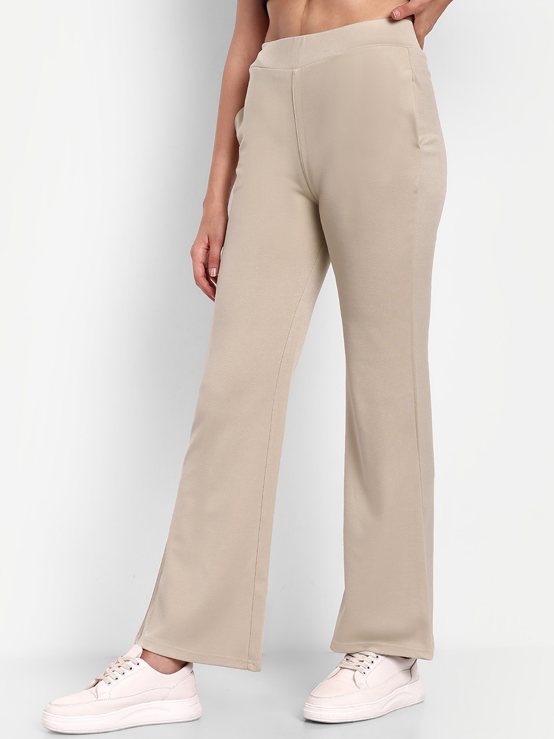 

BROADSTAR Women Smart Flared High-Rise Easy Wash Bootcut Trousers, Beige