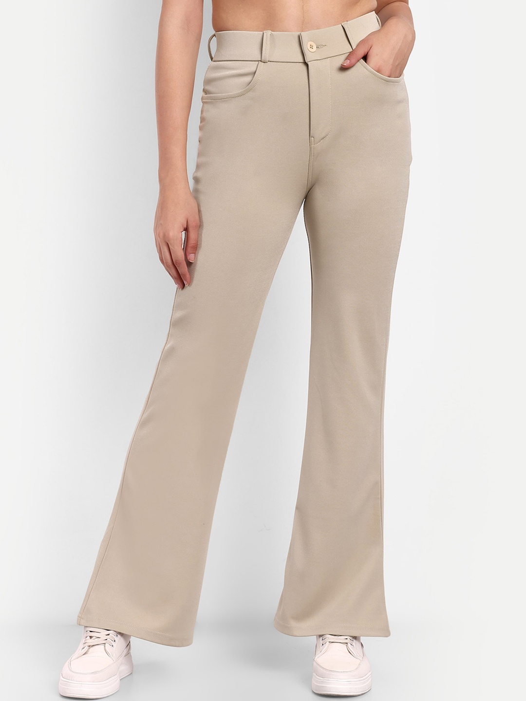 

Next One Women Smart High-Rise Easy Wash Flared Stretchable Bootcut Trousers, Beige