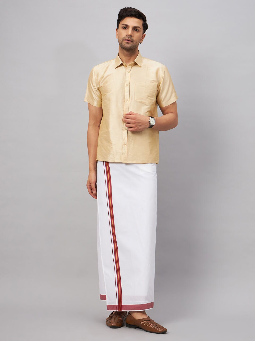 

VASTRAMAY Short Sleeve Shirt Collar Shirt And Veshti Set, Gold