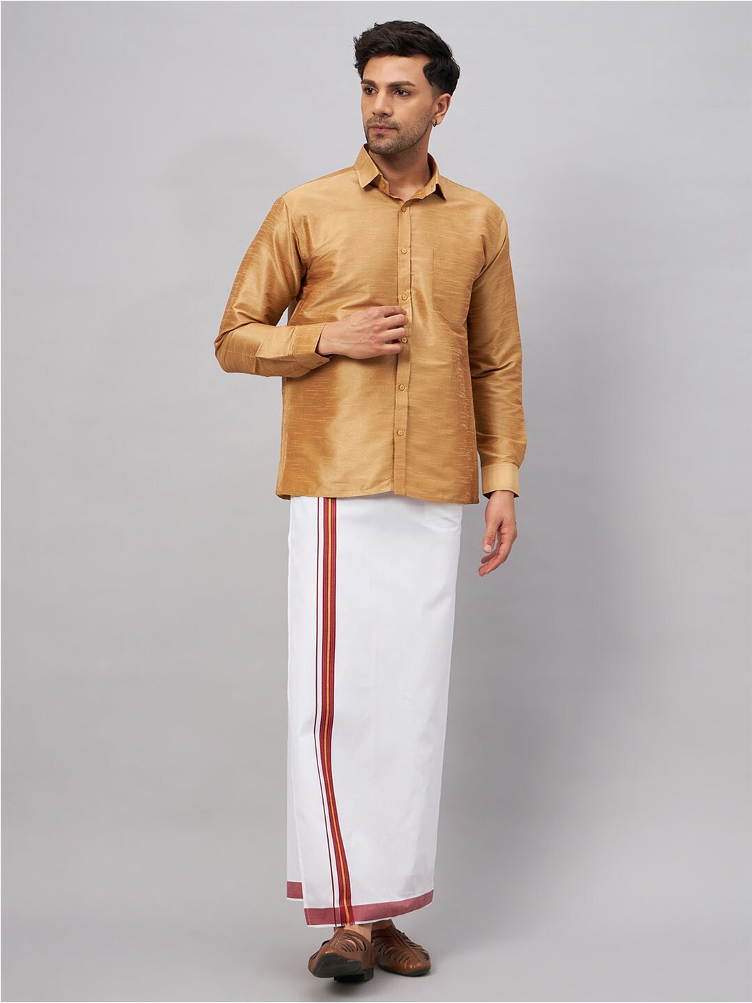 

VASTRAMAY Shirt Collar Ethnic Shirt And Mundu Set, Rose gold