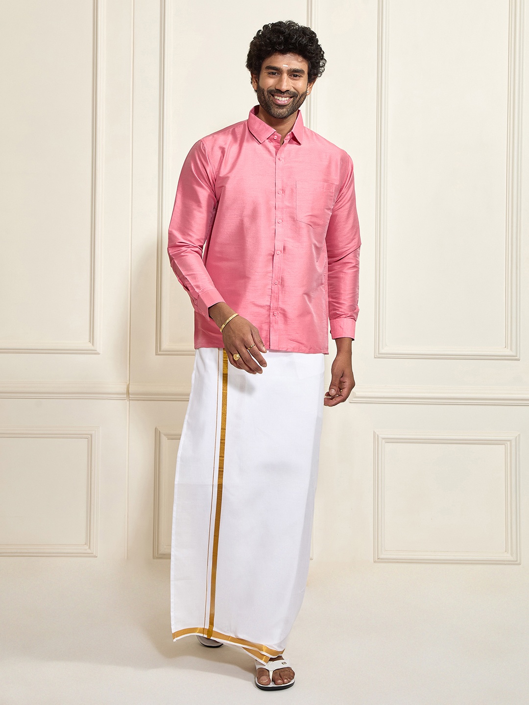 

VASTRAMAY Shirt Collar Ethnic Shirt And Mundu Set, Pink