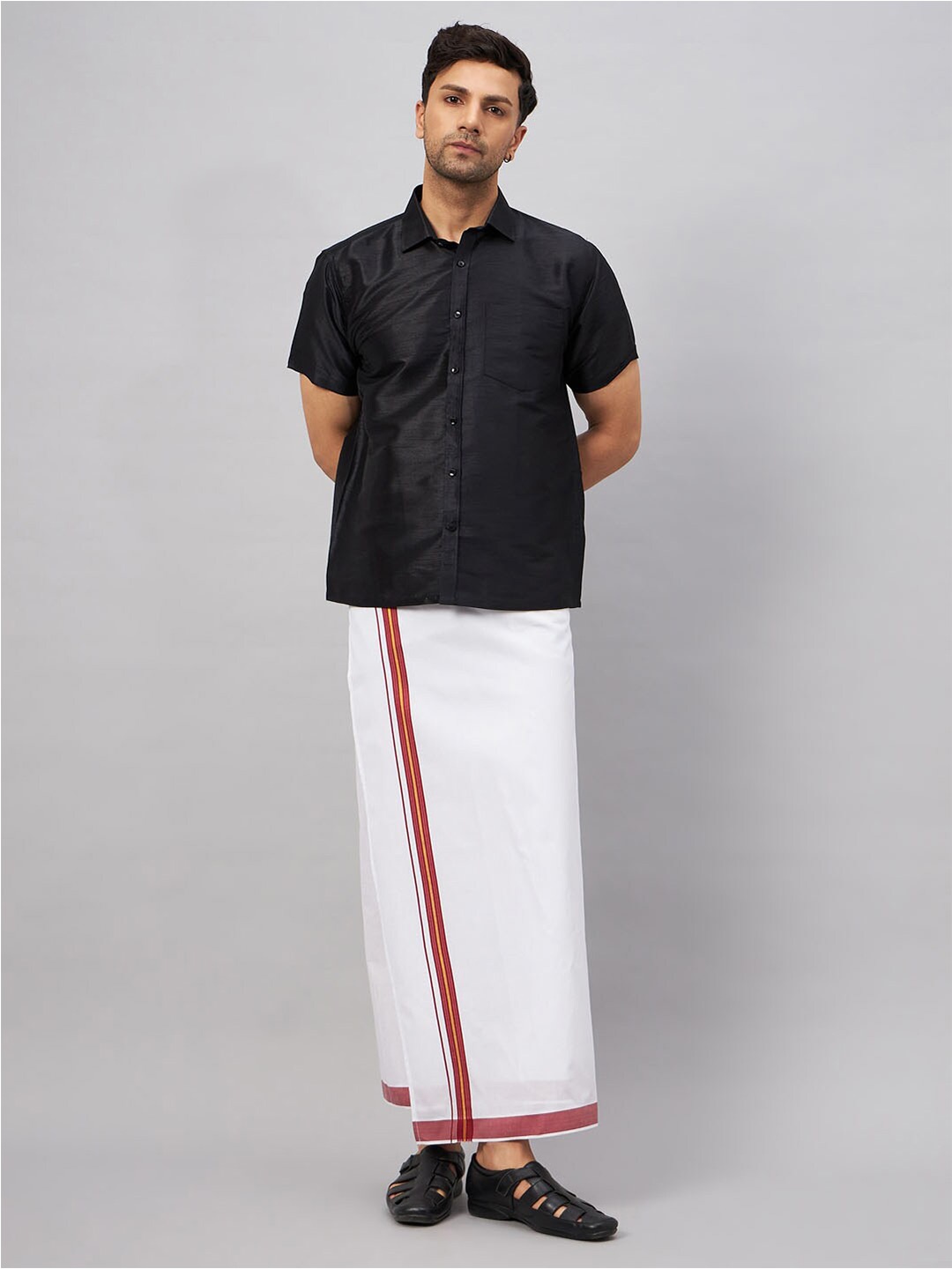 

VASTRAMAY Shirt Collar Short Sleeves Shirt And Veshti Set, Black