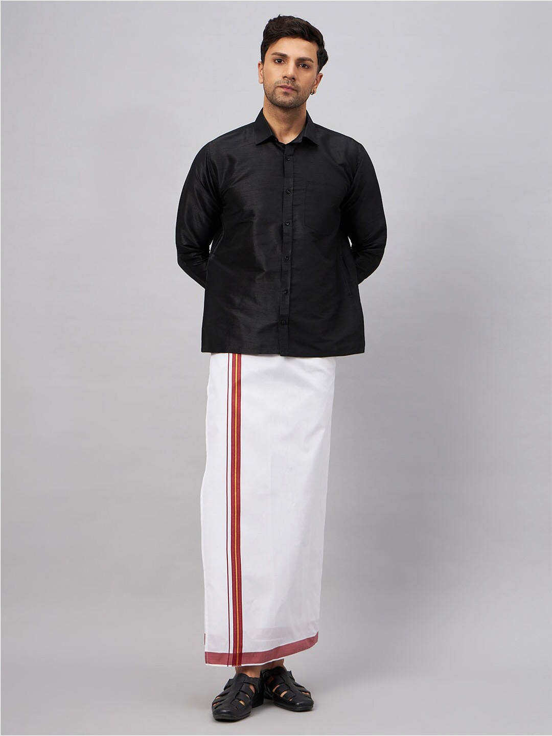 

VASTRAMAY Shirt Collar, Long Sleeves Shirt And Veshti Set, Black