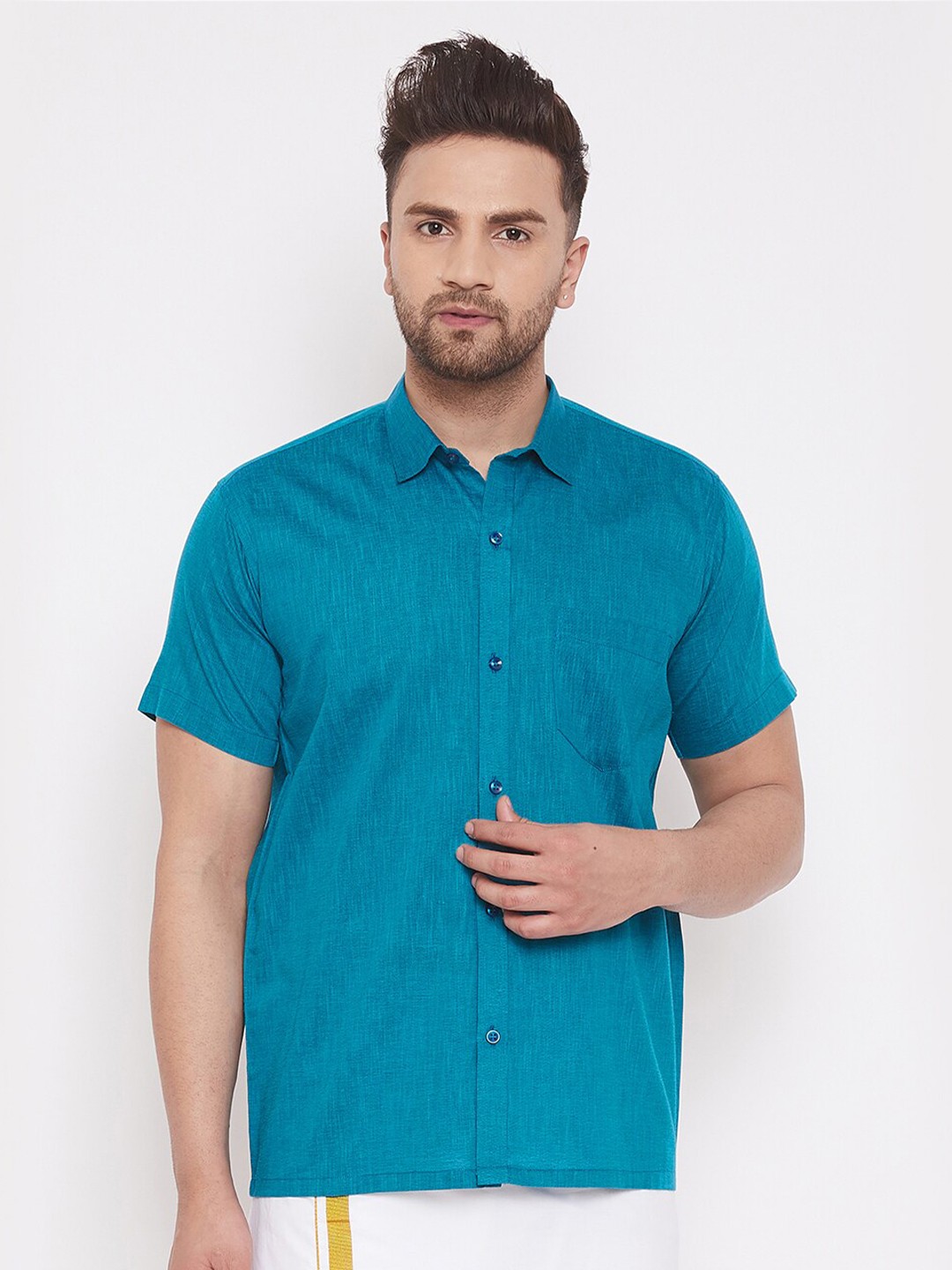 

VASTRAMAY Premium Spread Collar Cotton Casual Shirt, Turquoise blue