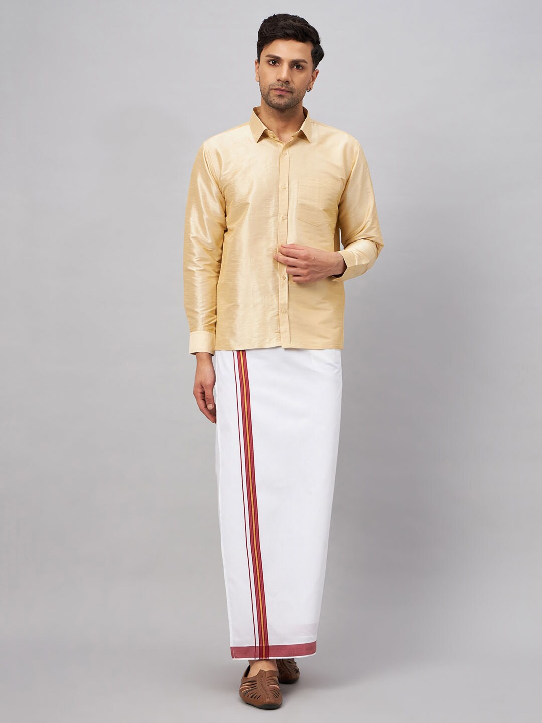 

VASTRAMAY Shirt Collar Ethnic Shirt And Mundu Set, Gold