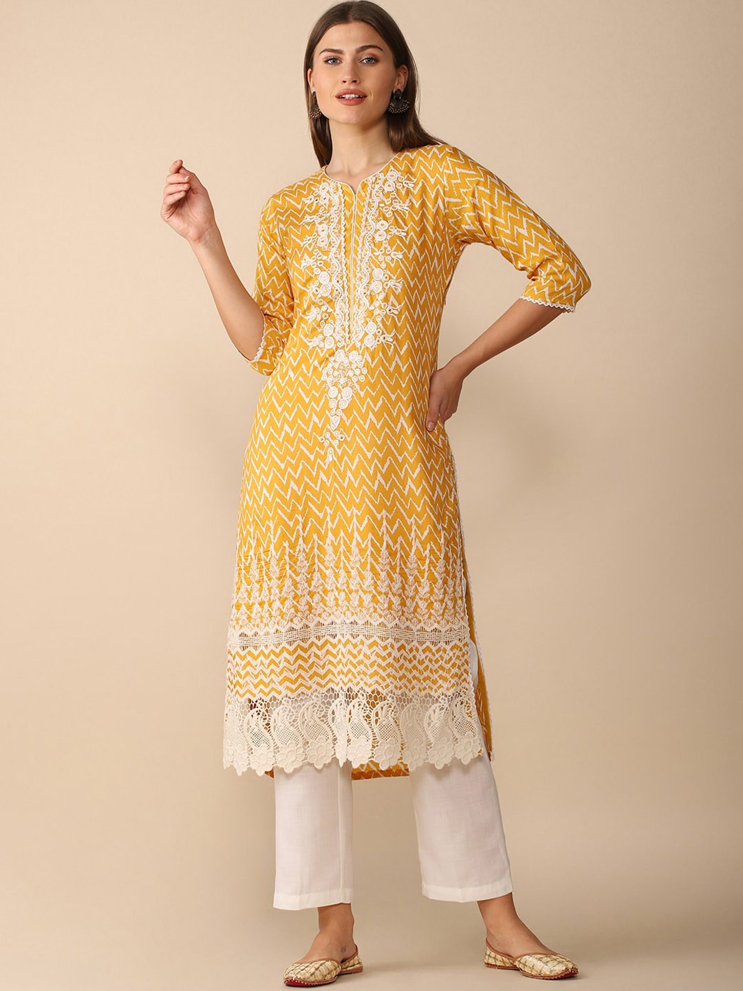 

House Of Dharaa Embroidered Thread Work Kurta, Yellow