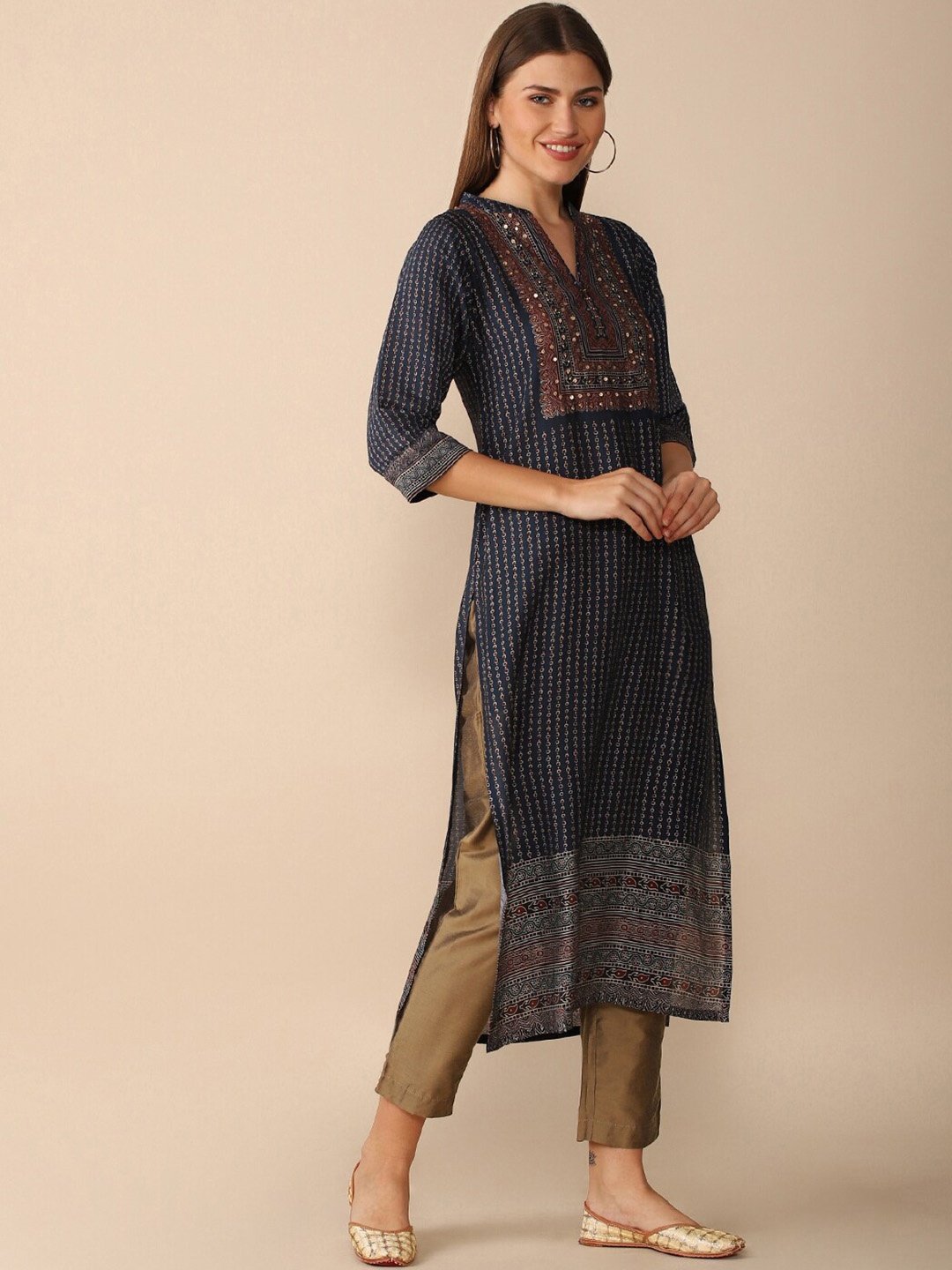

House Of Dharaa Striped Sequinned Anarkali Kurta, Blue