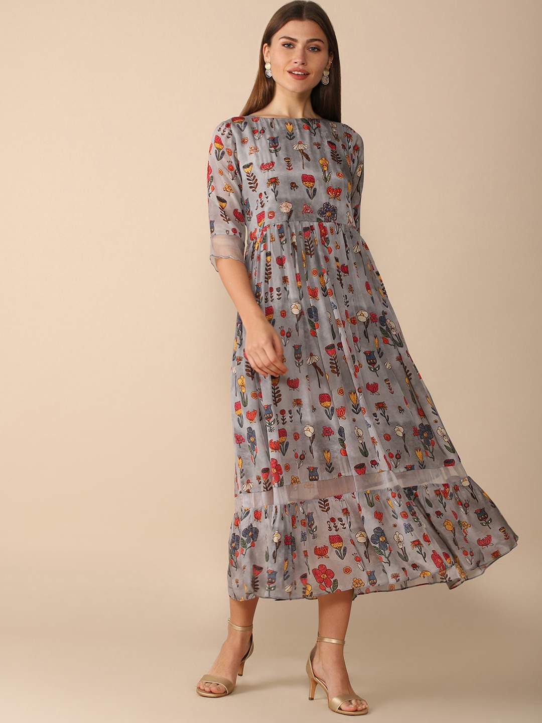 

House Of Dharaa Floral Printed A-Line Midi Dress, Grey