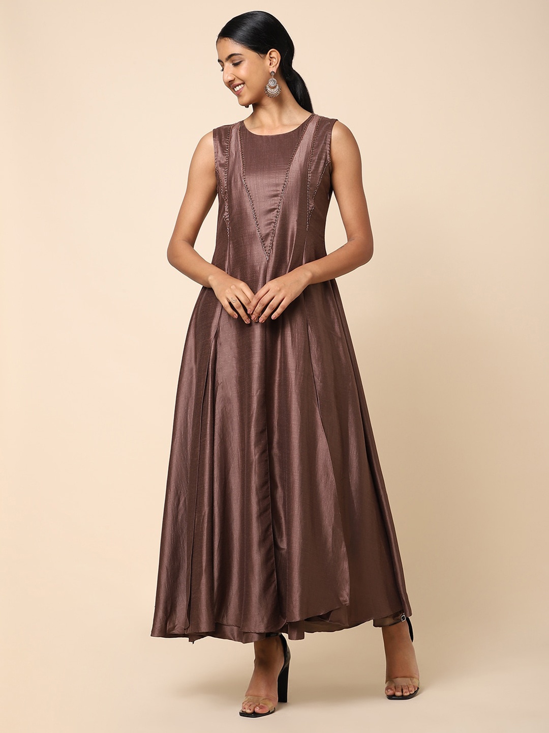 

House Of Dharaa Embellished Round Neck Maxi Ethnic Dress, Brown