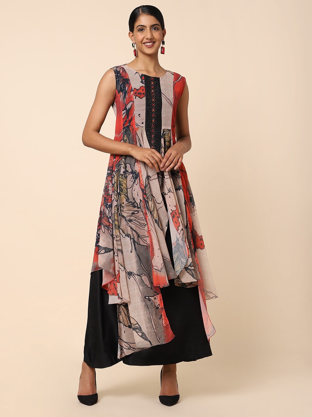 

House Of Dharaa Abstract Printed Round Neck Fit & Flare Maxi Dress, Black