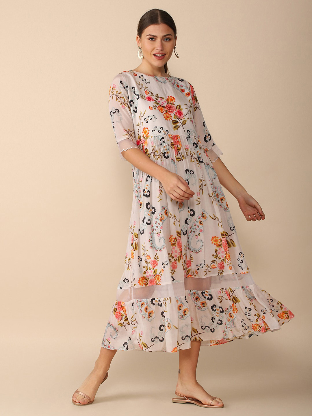 

House Of Dharaa Floral Printed A-Line Midi Dress, White