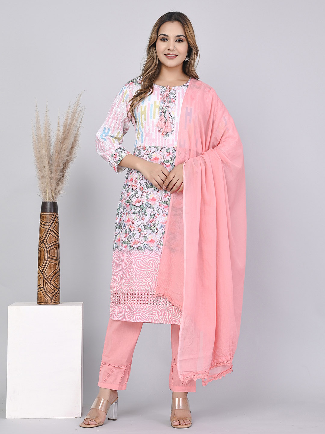 

KPF Floral Printed Pure Cotton Kurta with Trousers & Dupatta, Pink