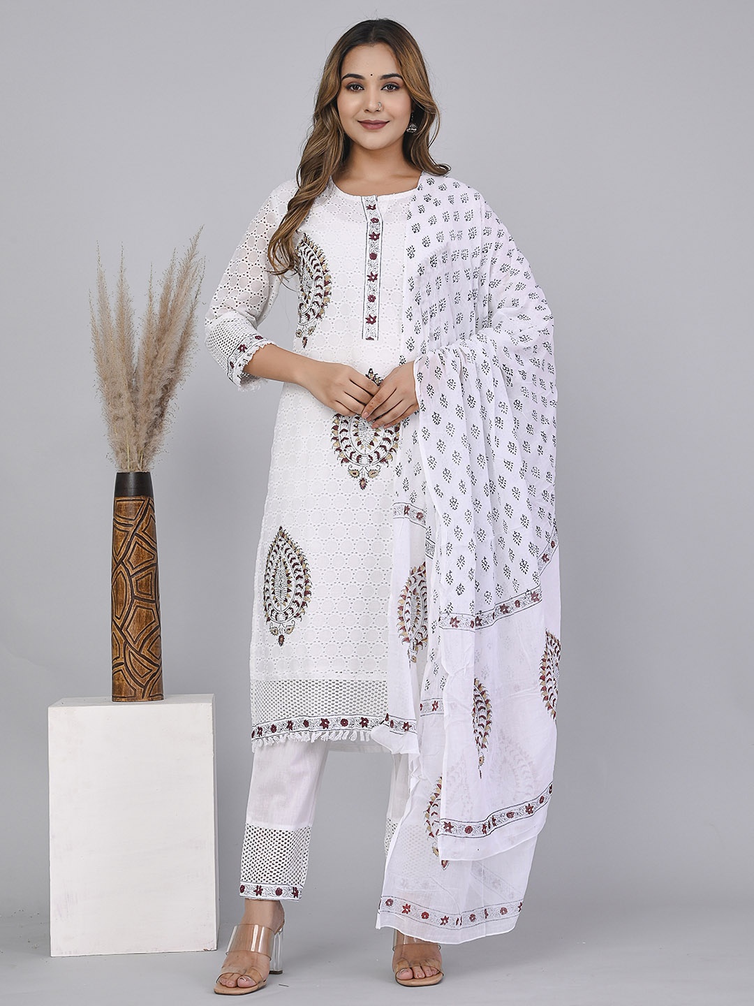 

KPF Floral Embroidered Pure Cotton Kurta with Trousers & Dupatta, White