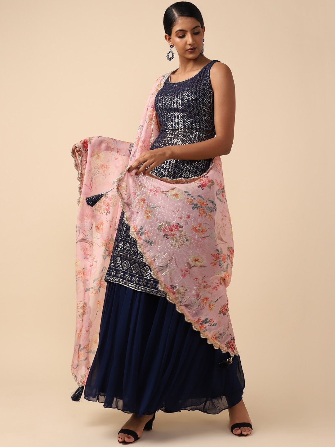 

House Of Dharaa Embroidered Sequinned Kurta & Sharara With Dupatta, Blue