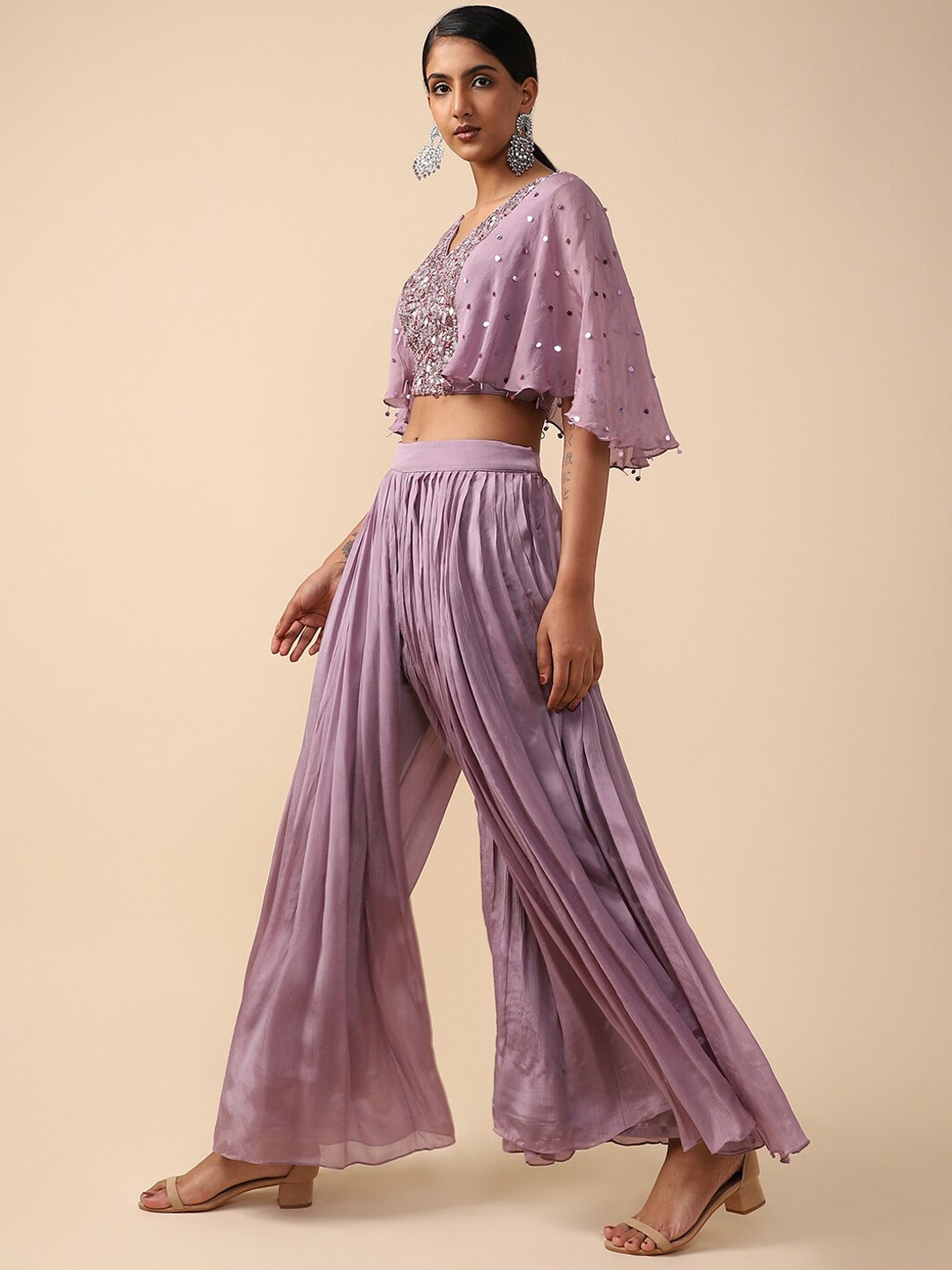

House Of Dharaa Embellished V-Neck Top With Palazzos, Lavender