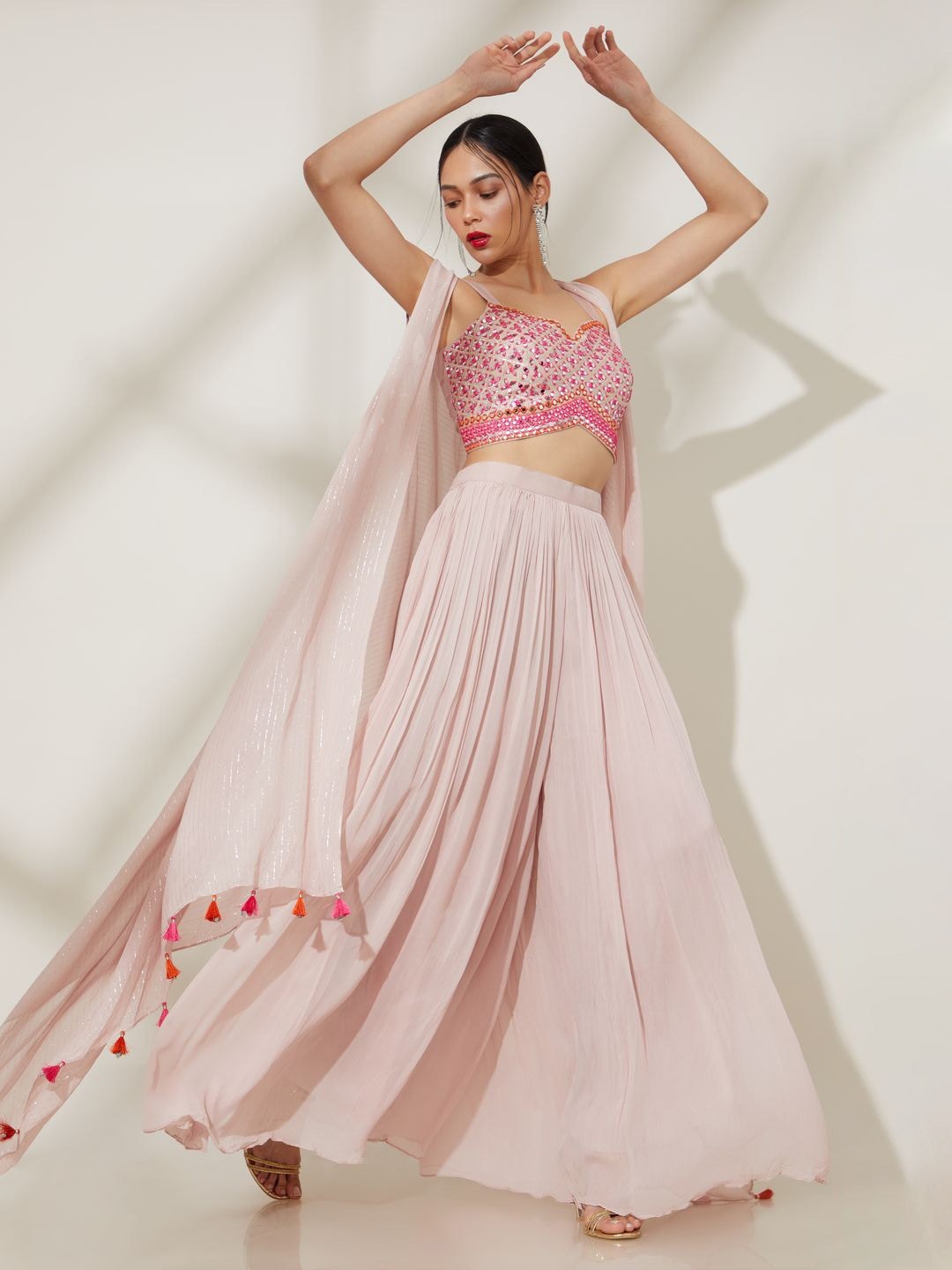 

House Of Dharaa Embroidered Regular Top & Palazzos With shrug, Pink