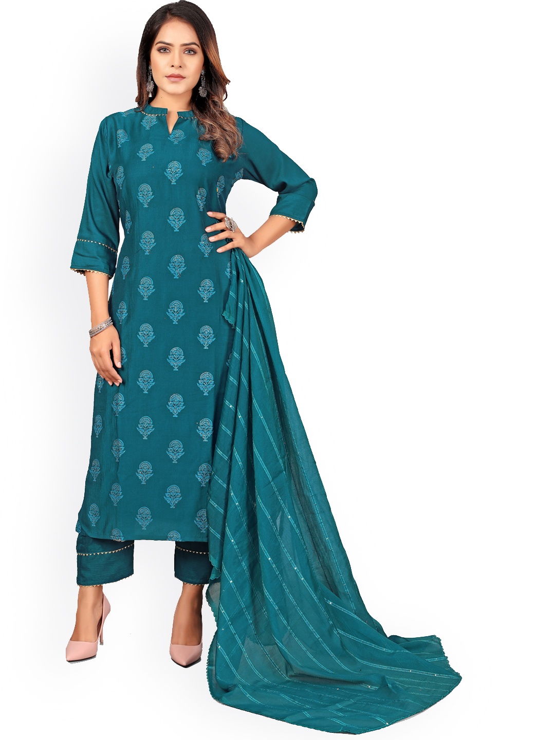 

STYLE SAMSARA Ethnic Motifs Printed Kurta With Trousers & Dupatta, Teal