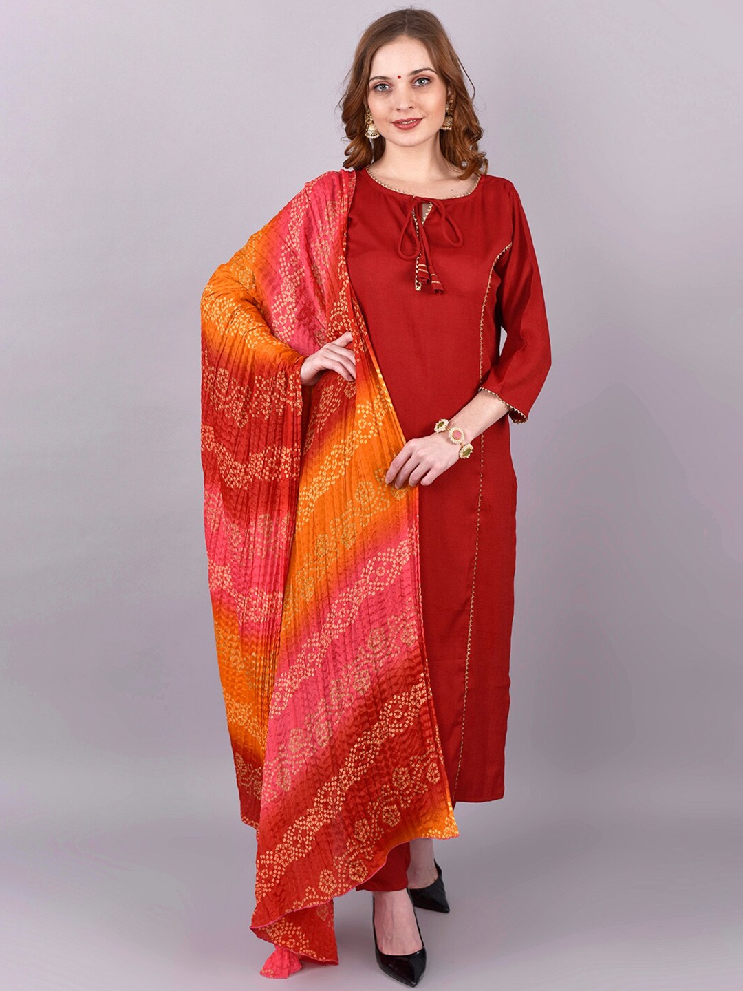 

STYLE SAMSARA Gotta Patti Kurta With Trousers & Dupatta, Red