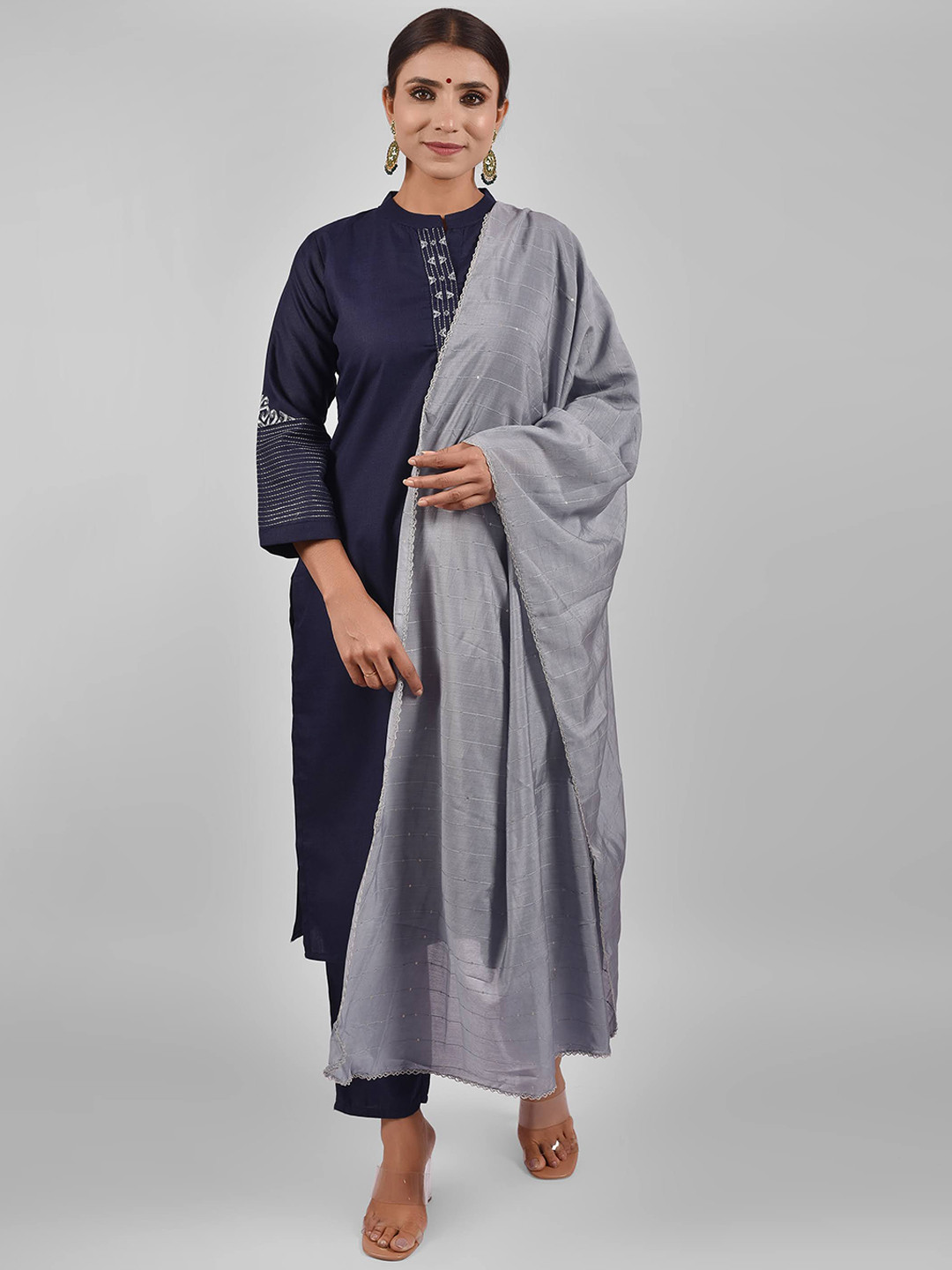 

STYLE SAMSARA Geometric Embroidered Regular Kurta With Trousers & Dupatta, Navy blue