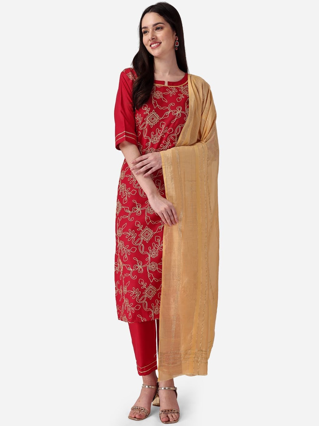STYLE SAMSARA Floral Embroidered Kurta with Trousers & With Dupatta, Maroon