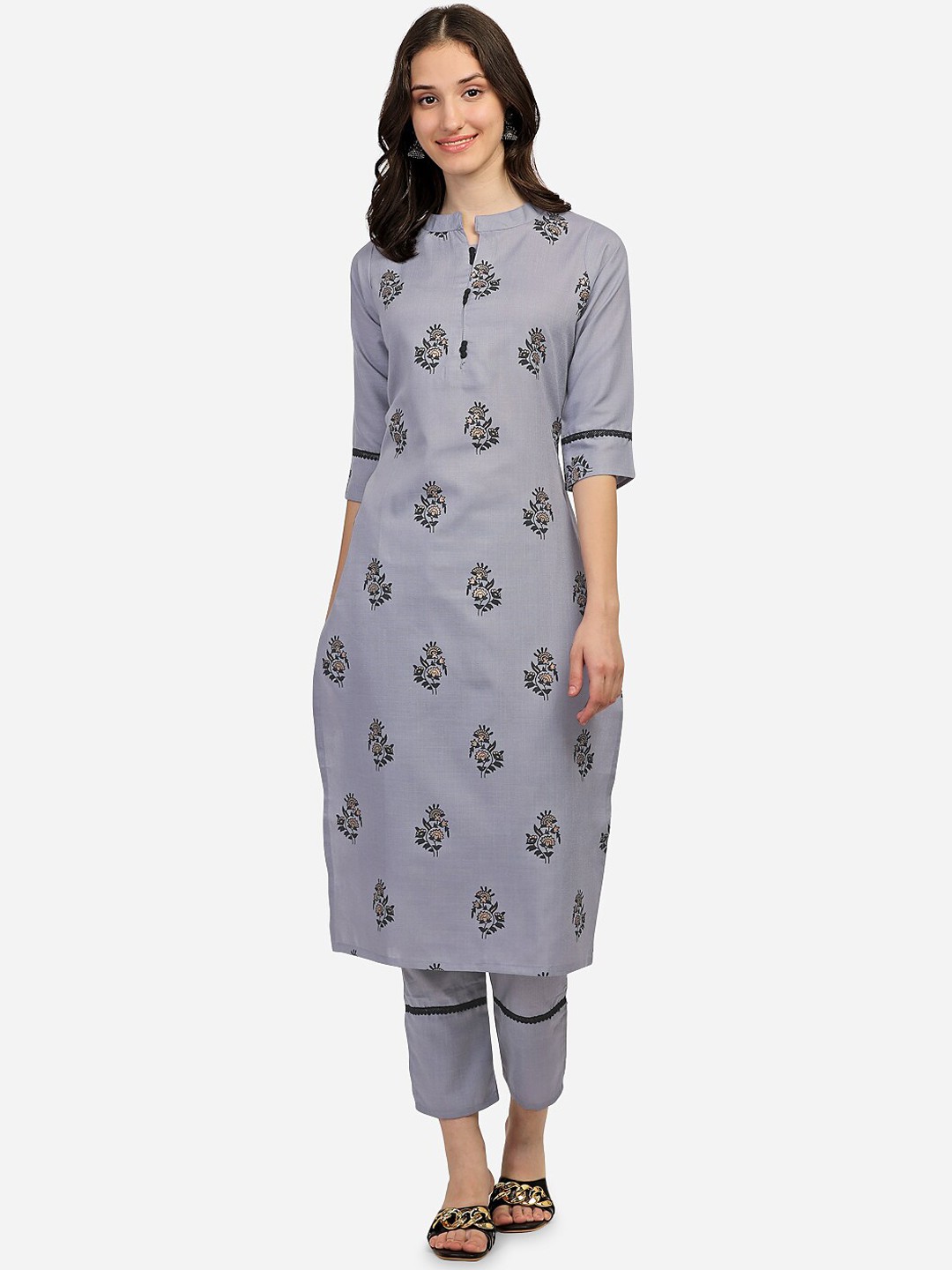 

STYLE SAMSARA Floral Printed Regular Kurta with Trousers, Grey