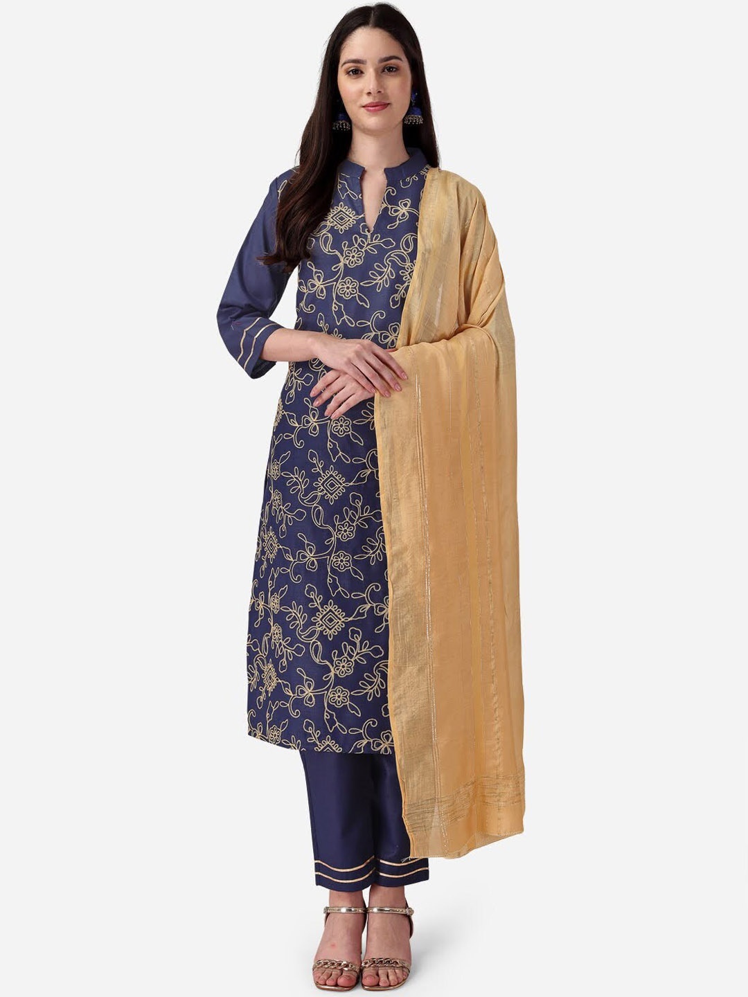 

STYLE SAMSARA Floral Embroidered Kurta With Trousers & With Dupatta, Navy blue
