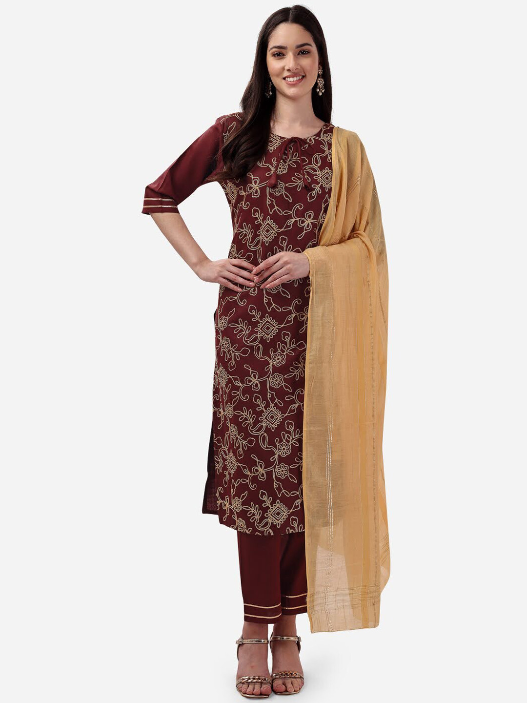 

STYLE SAMSARA Floral Embroidered Kurta with Trousers & With Dupatta, Coffee brown