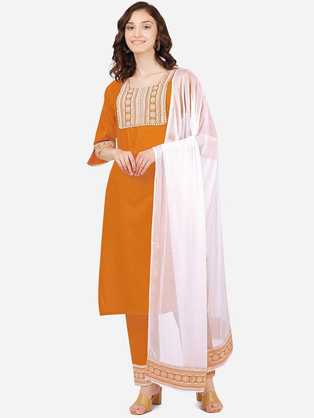 

STYLE SAMSARA Floral Yoke Design Kurta With Trousers & Dupatta, Mustard