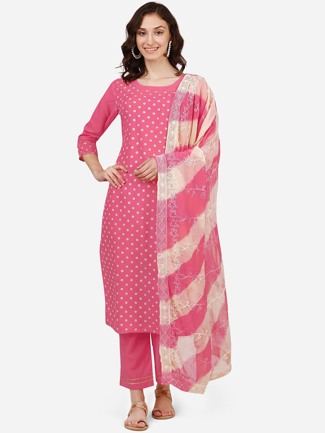 

STYLE SAMSARA Floral Embroidered Kurta With Trousers & Dupatta, Pink