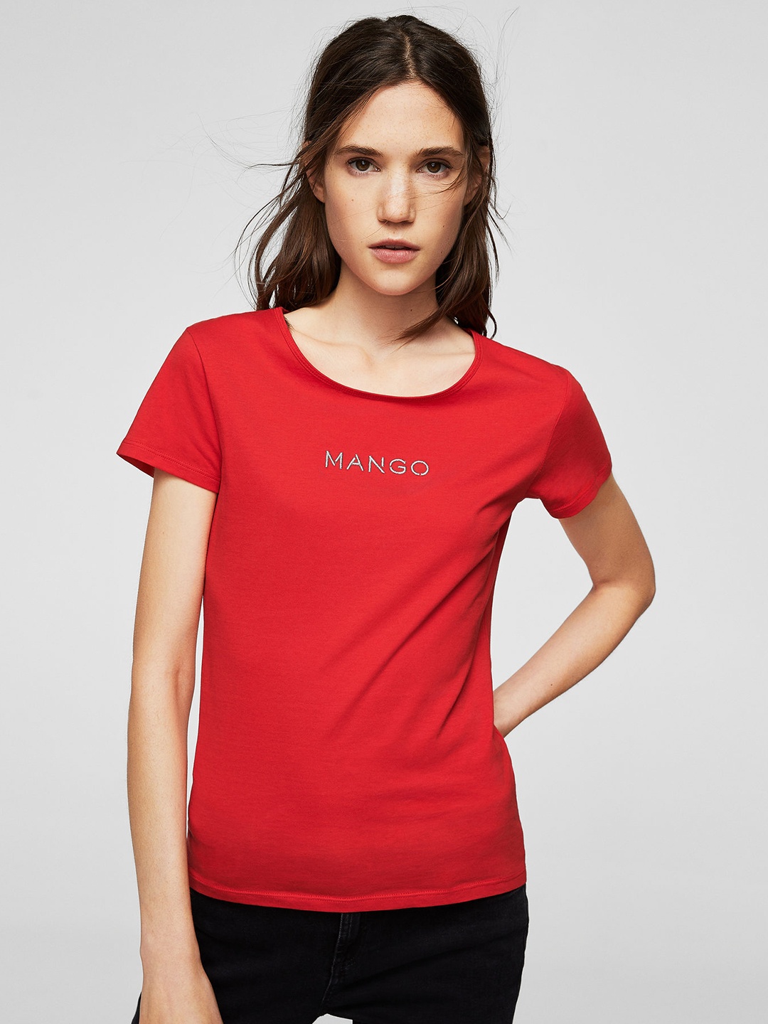 

MANGO Women Red Solid Round Neck T-shirt