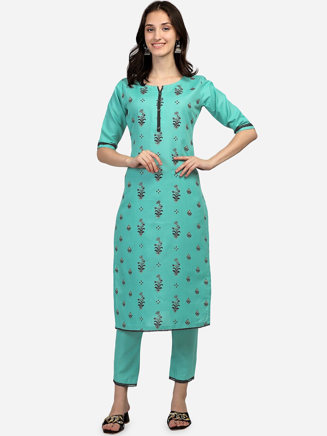 

STYLE SAMSARA Floral Printed Kurta With Trousers, Teal