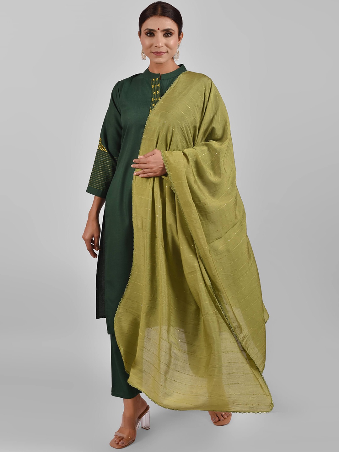 

STYLE SAMSARA Mandarin Collar Kurta with Trousers & With Dupatta, Green