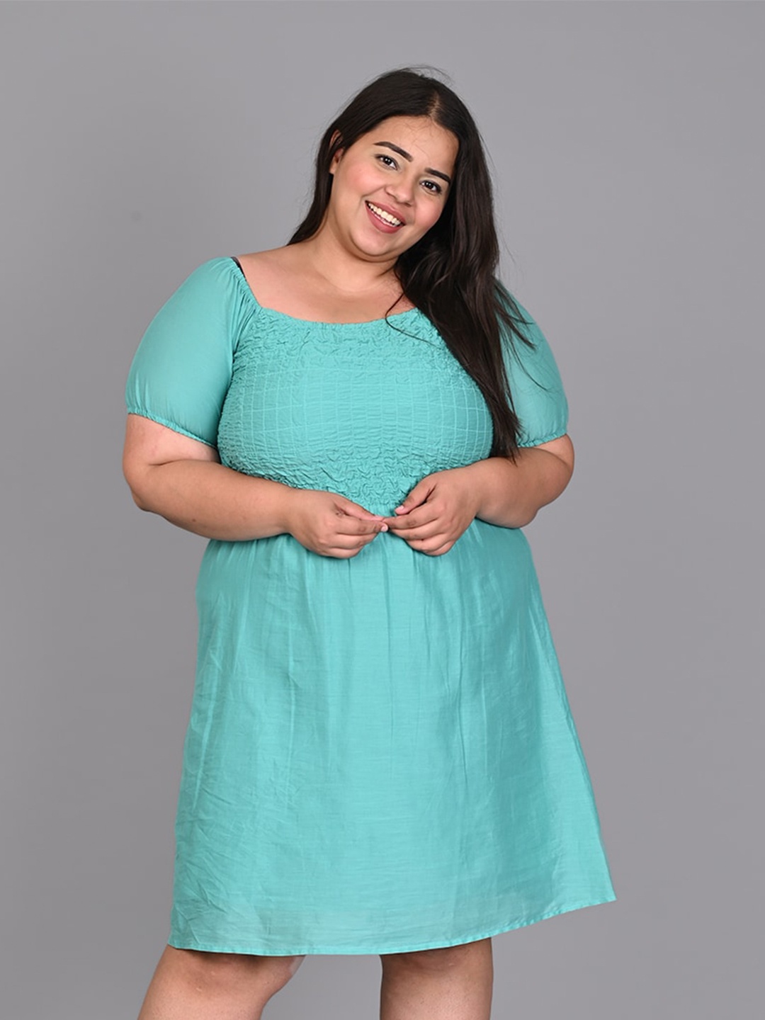 

IX IMPRESSION Square Neck Smocked Cotton A-Line Dress, Green