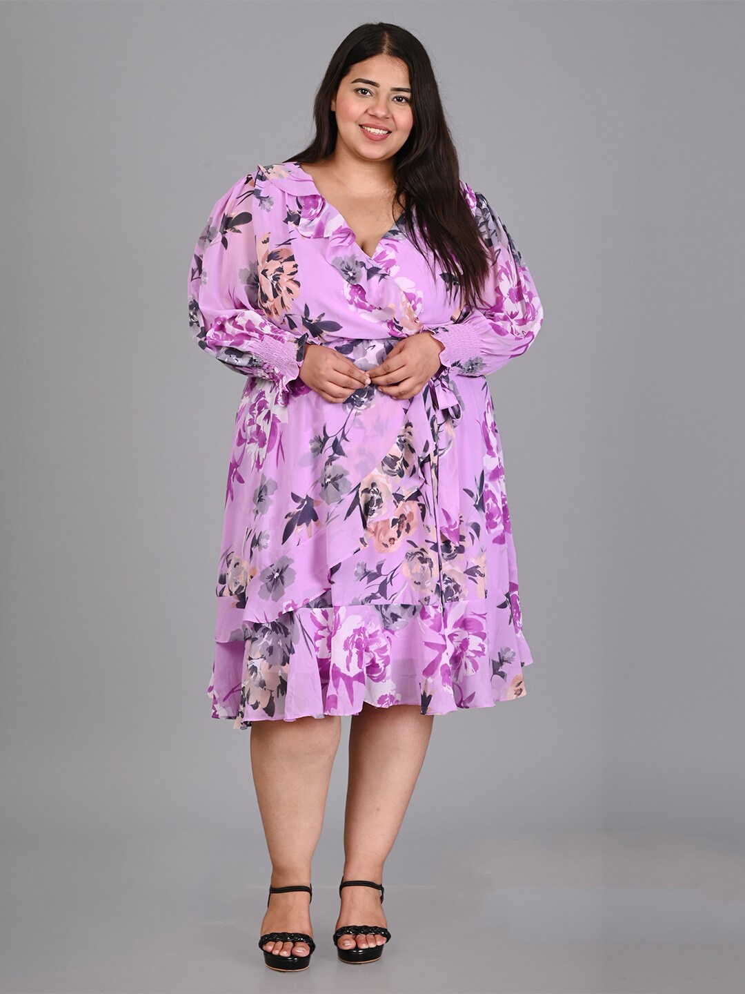 

IX IMPRESSION Plus Size Floral Printed Puff Sleeve Ruffled Dress, Purple