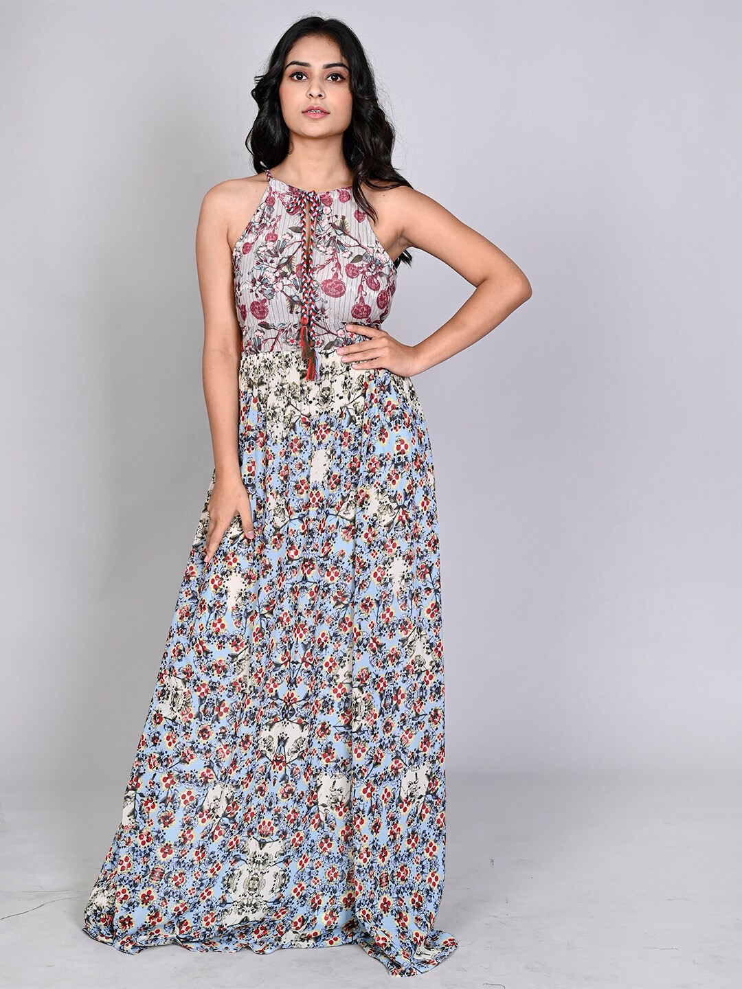 

IX IMPRESSION Floral Printed Halter Neck Maxi Dress, Blue