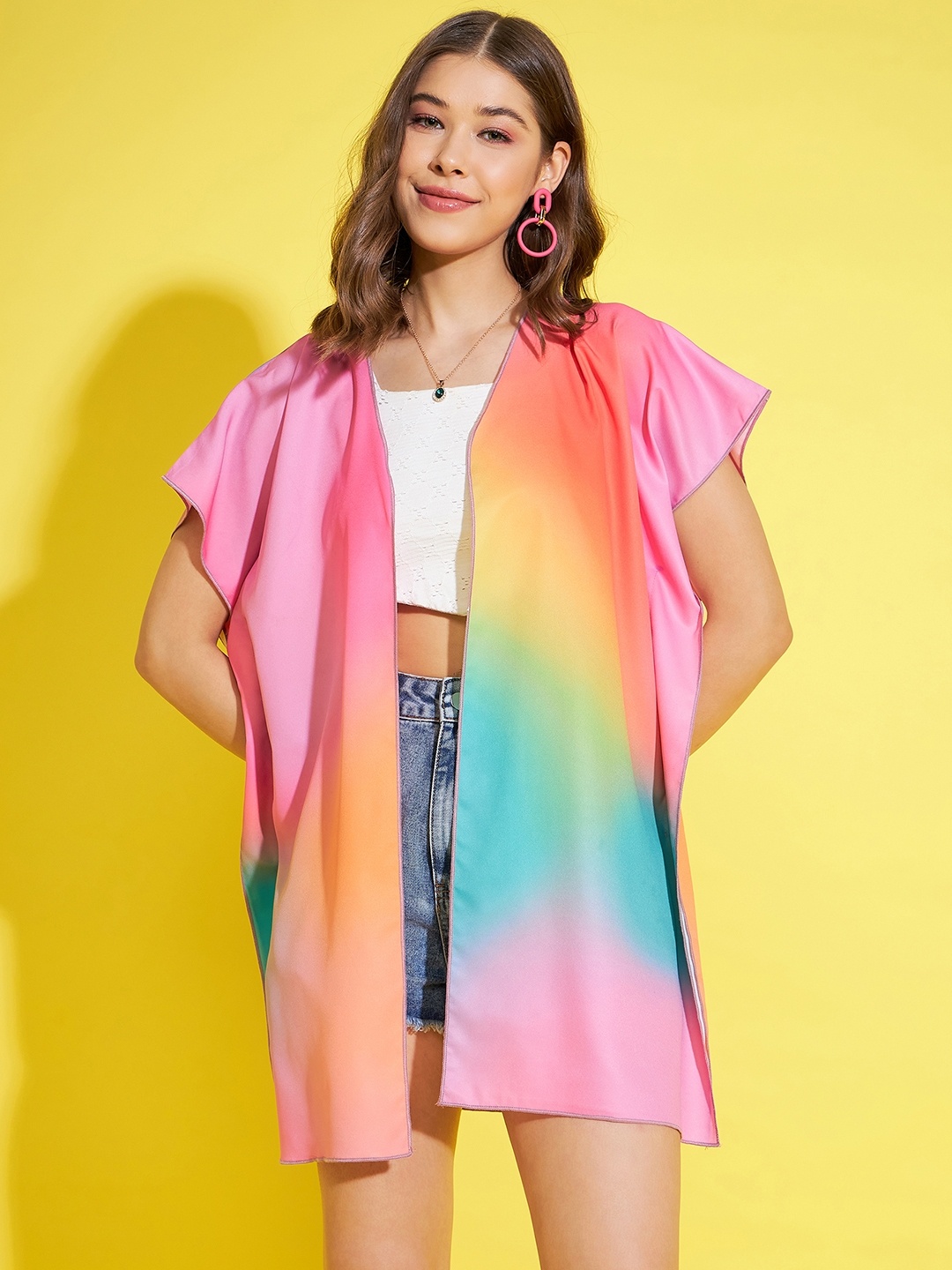 

StyleStone Rainbow Print Extended Sleeve Open Front Shrug, Pink