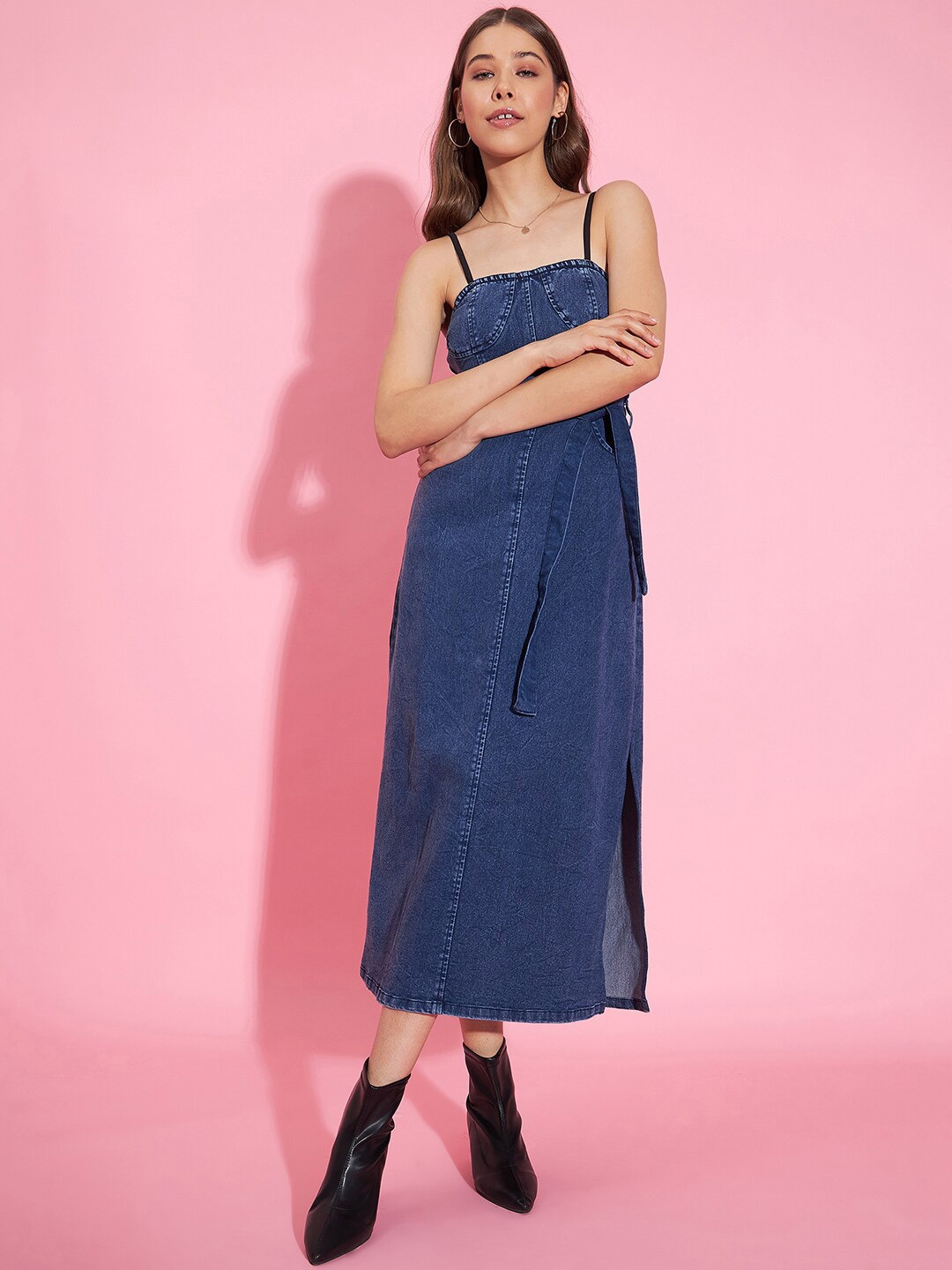 

StyleStone Blue Shoulder Straps Smocked Denim A-Line Midi Dress