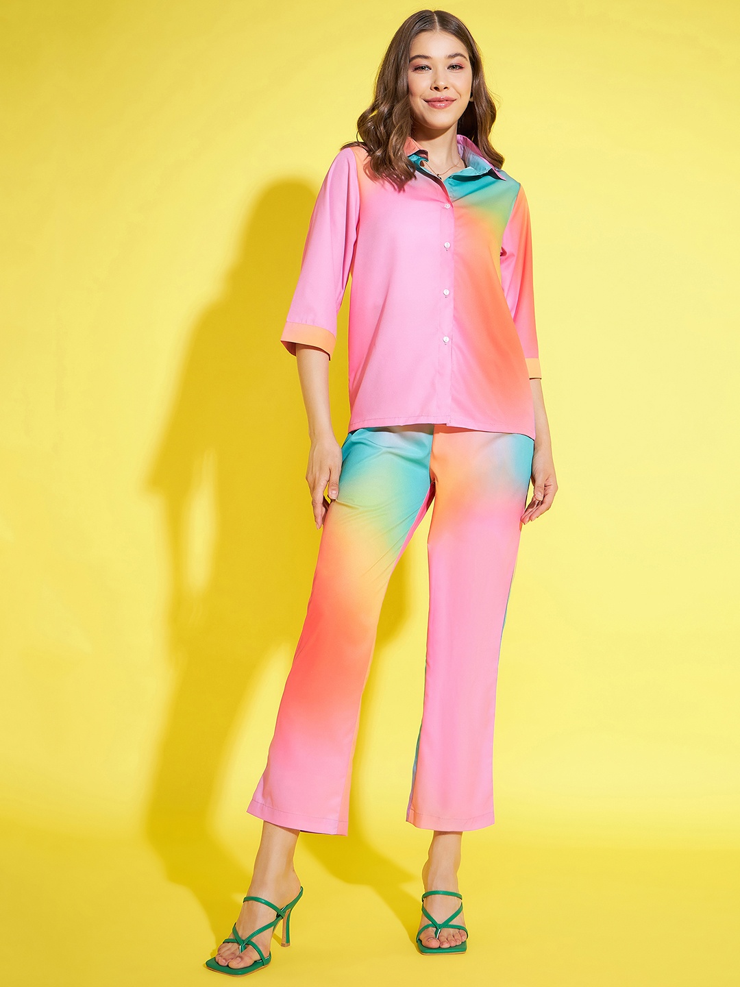 

StyleStone Tie and Dye Printed Shirt Collar Shirt & Trousers, Pink